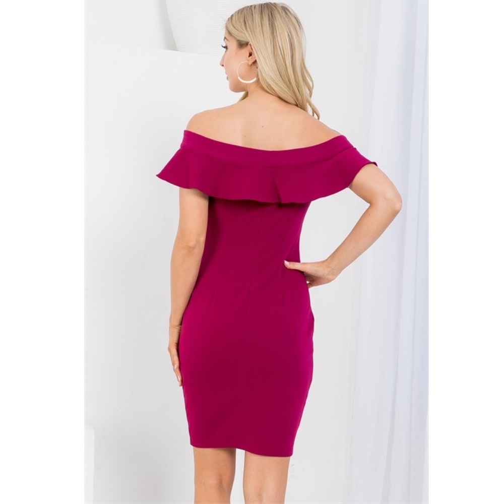 Raspberry Off the Shoulder Flutter Sleeve Bodycon Dress - Picture 4 of 16